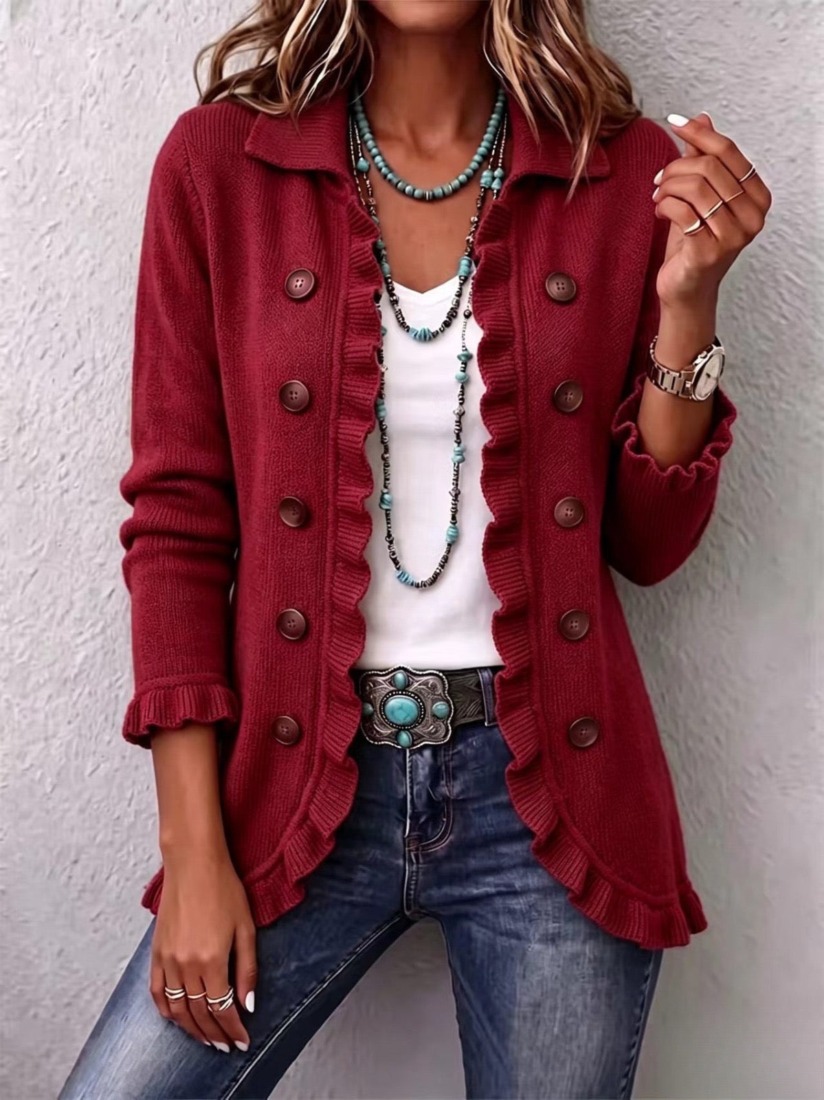Marta | Chaqueta de Punto Canalé Rojo Rubí con Volantes
