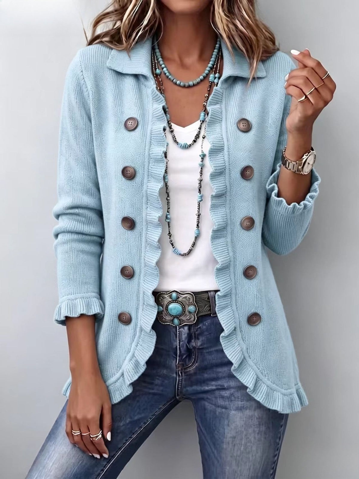 Perla | Chaqueta de Punto Canalé Azul Empolvado con Volantes