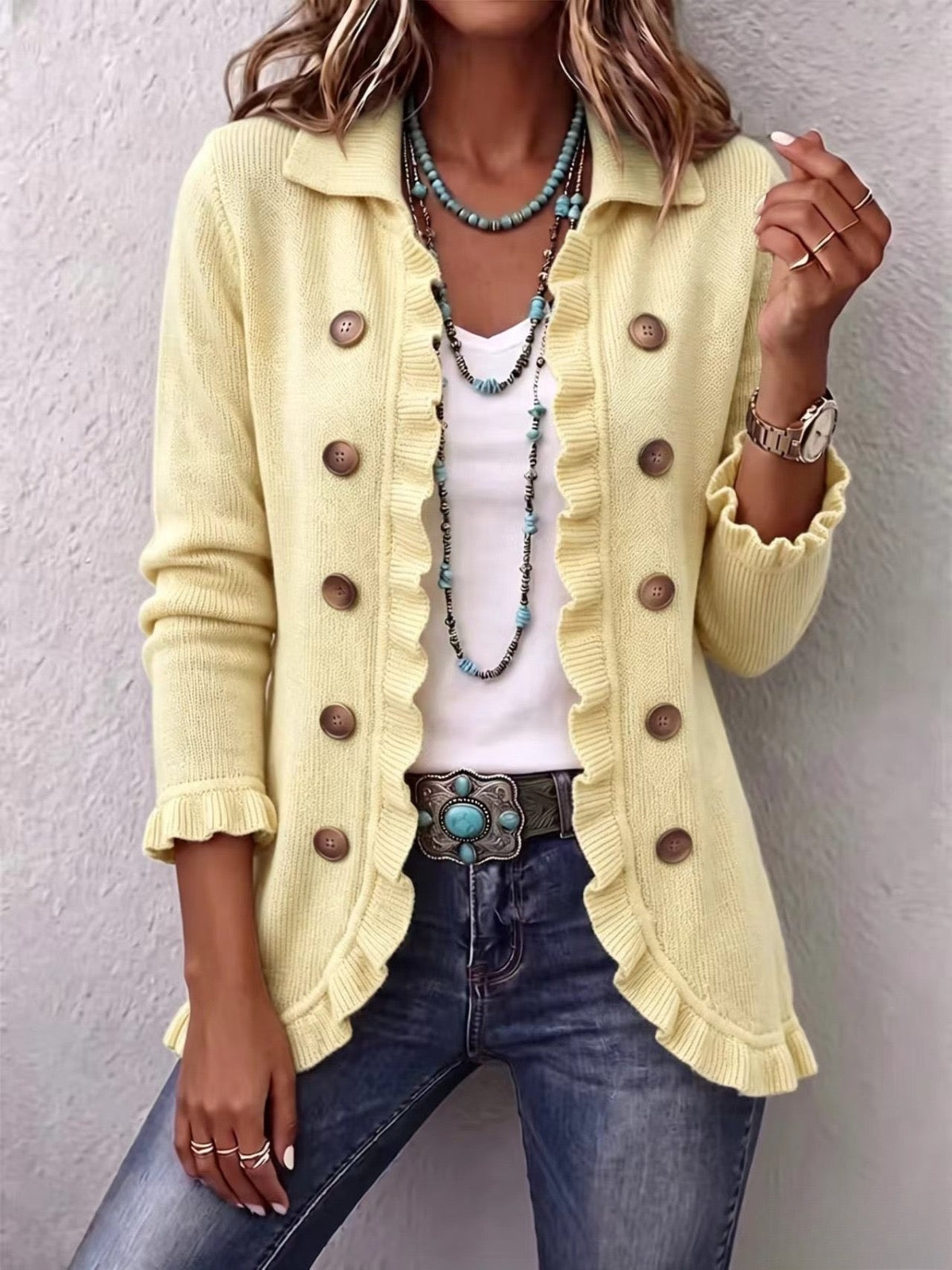 Orsola | Chaqueta de Punto Canalé Crema con Volantes