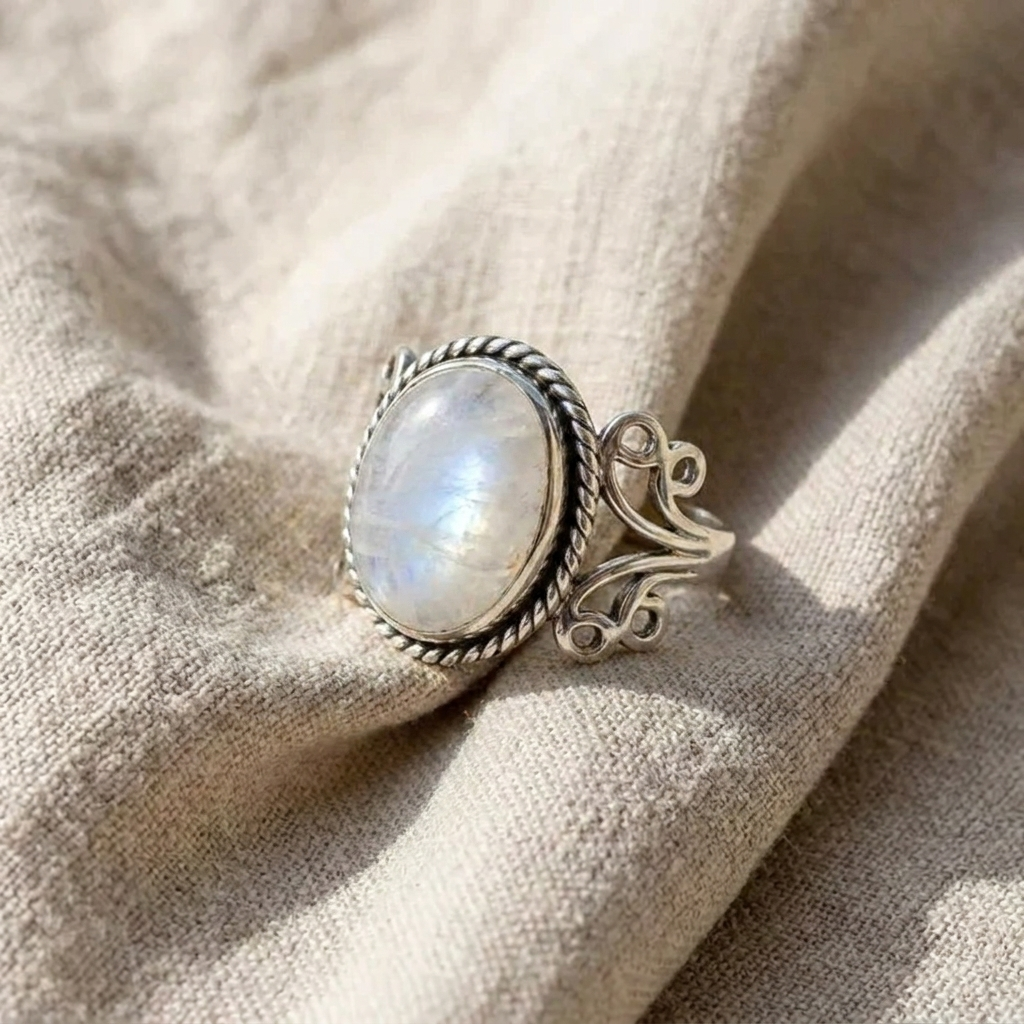 Anillo de Piedra Lunar Ovalada con Banda de Rizos