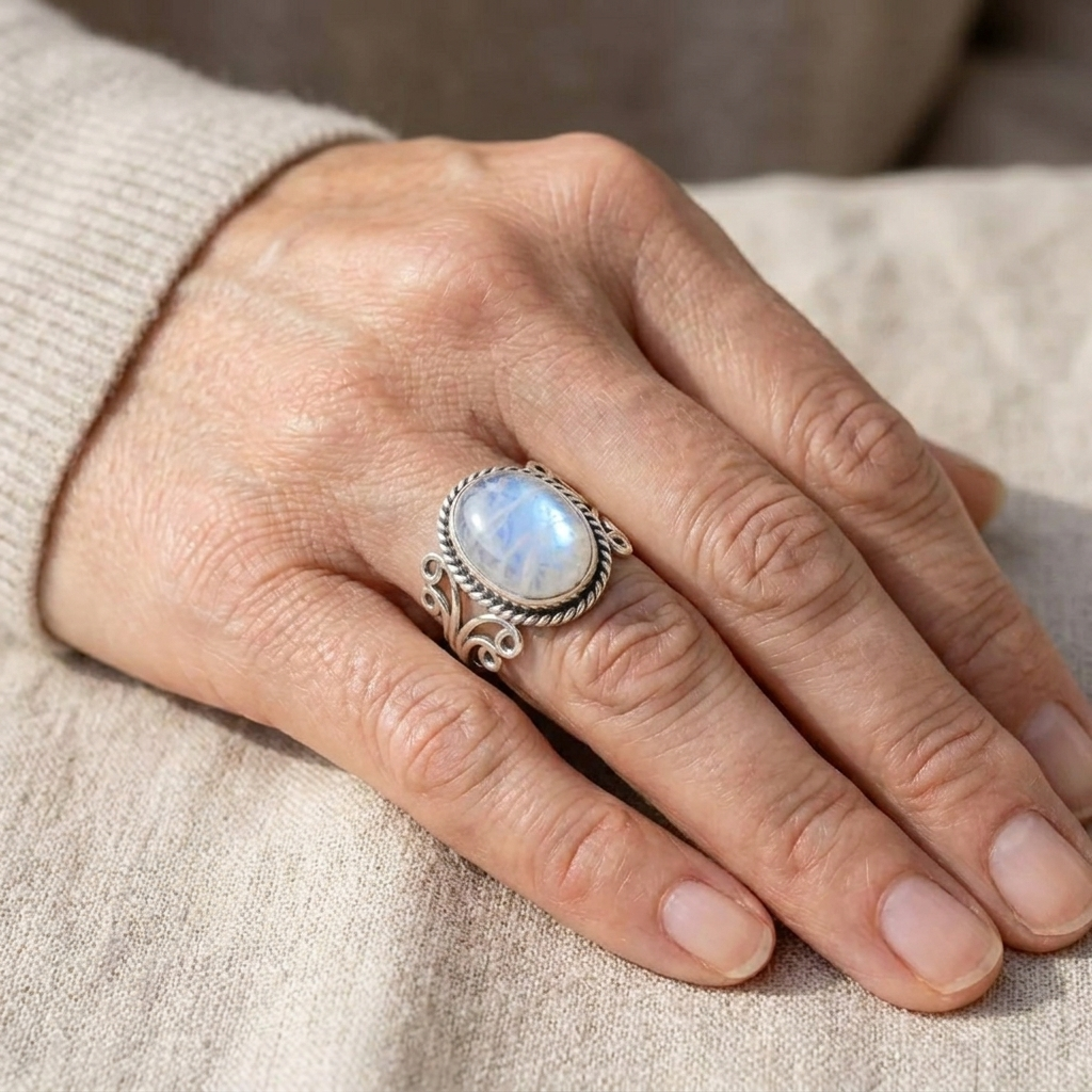 Anillo de Piedra Lunar Ovalada con Banda de Rizos