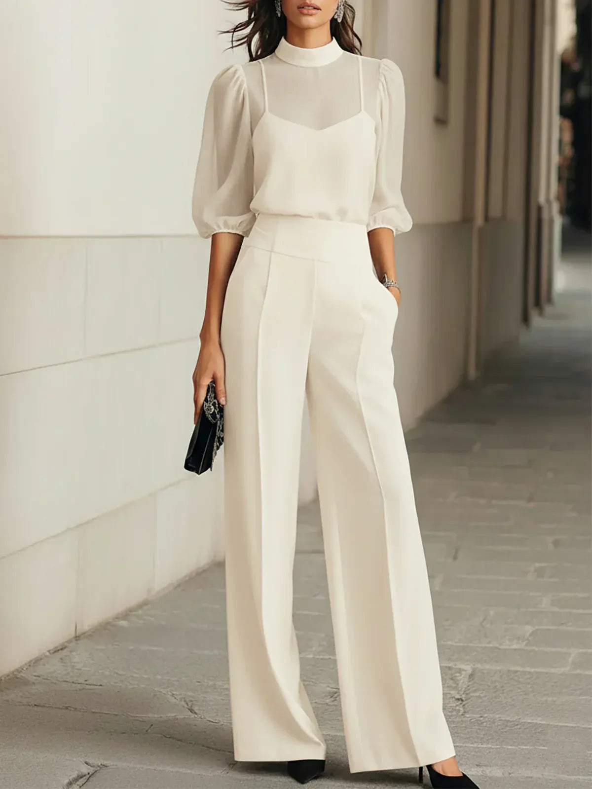Valéria | Conjunto de Tres Piezas Top Transparente y Pantalón Ancho