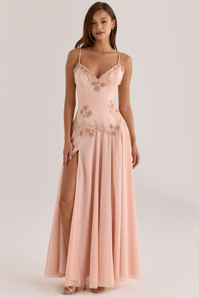 Larissa- Vestido maxi con pedrería cosida a mano