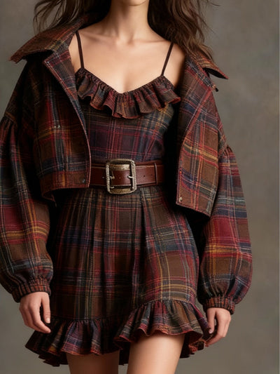 Marielle | Mini Robe Vintage à Carreaux et Rayures avec Veste Ample (avec ceinture)