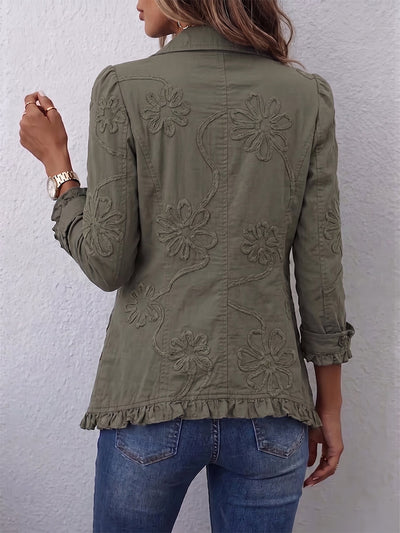 Alessandra | Chaqueta Bohemia-Chic Bordada con Flores Retro Verdes con Volantes