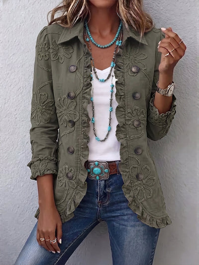 Alessandra | Chaqueta Bohemia-Chic Bordada con Flores Retro Verdes con Volantes