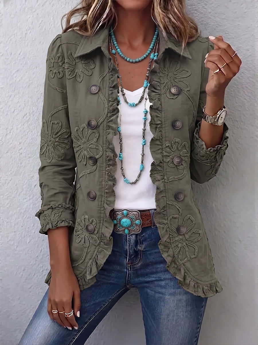 Alessandra | Chaqueta Bohemia-Chic Bordada con Flores Retro Verdes con Volantes