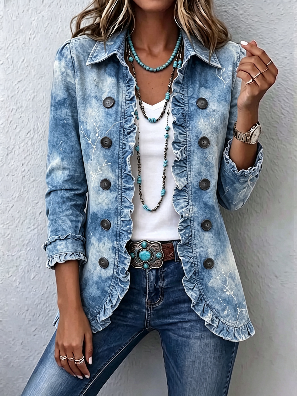 Ginevra | Chaqueta Bohemia Botánica Vintage Degradada Azul con Volantes
