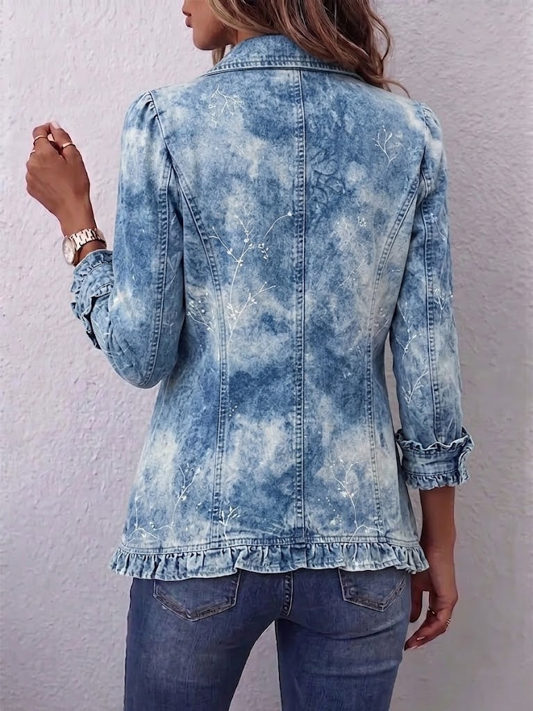 Ginevra | Chaqueta Bohemia Botánica Vintage Degradada Azul con Volantes