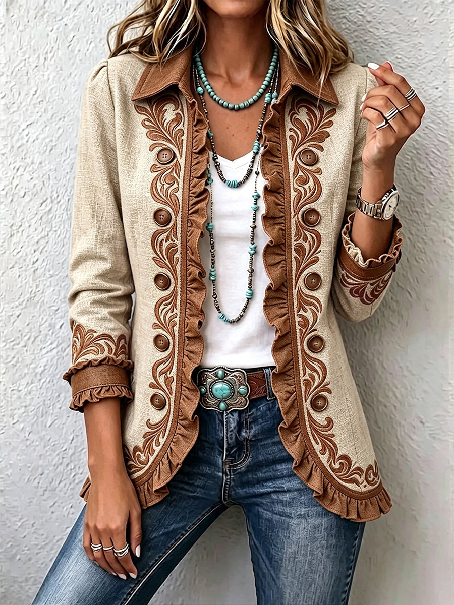 Ottavia | Chaqueta Bohemia Floral Vintage Camel y Marrón con Volantes