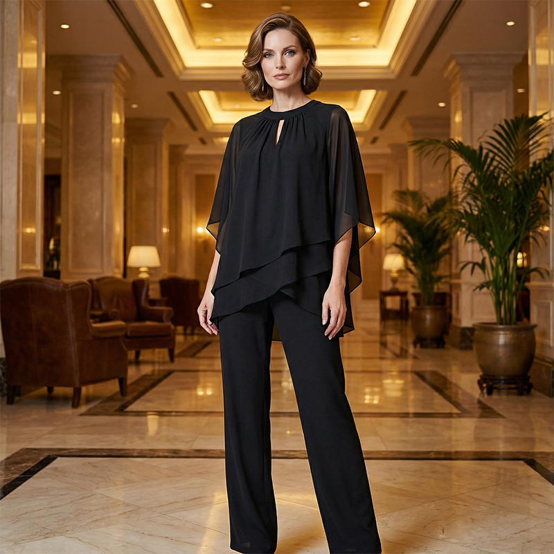 Jeannine | Conjunto Chemisier Asimétrico Superpuesto y Pantalón Ancho