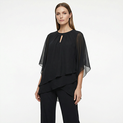 Jeannine | Conjunto Chemisier Asimétrico Superpuesto y Pantalón Ancho