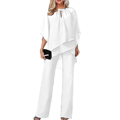 Jeannine | Conjunto Chemisier Asimétrico Superpuesto y Pantalón Ancho